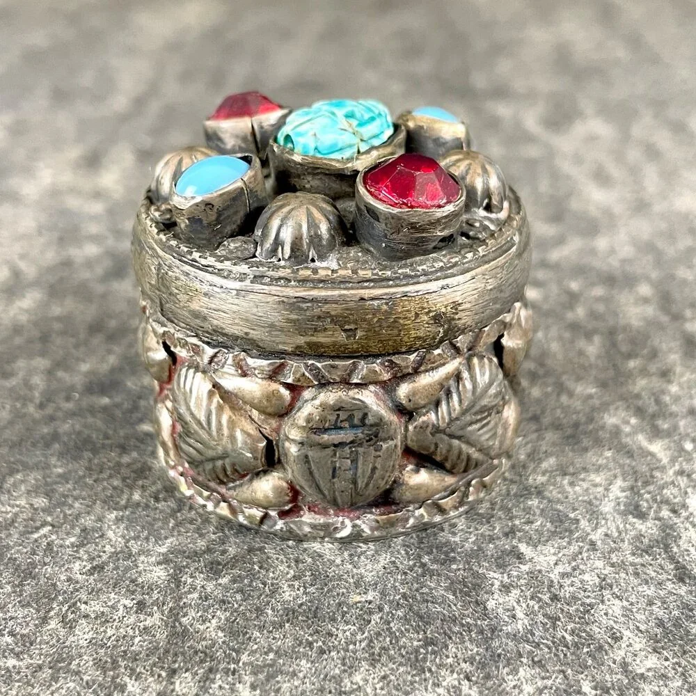 Egyptian silver scarab and pharoah snuff or trinket box